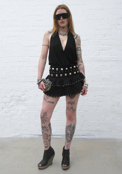 SLEAZE STUDDED RUFFLE MICRO SKIRT BLACK